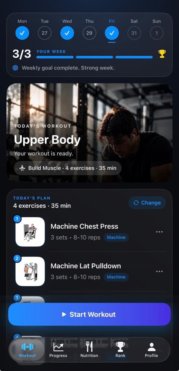 LiftON home screen with today's Upper Body workout