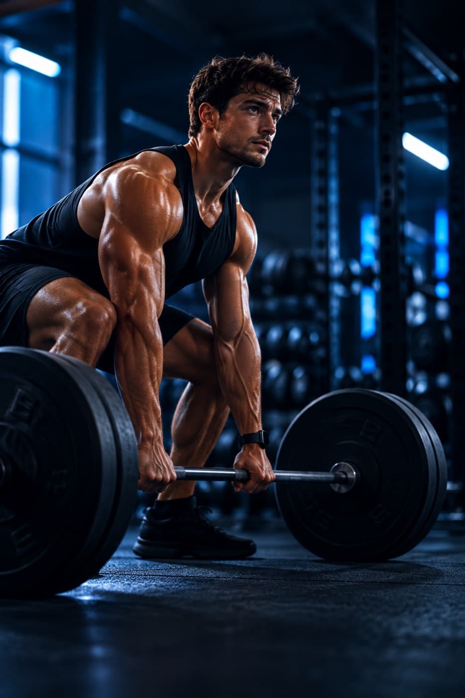 Lifter setting up a barbell deadlift in a dark gym