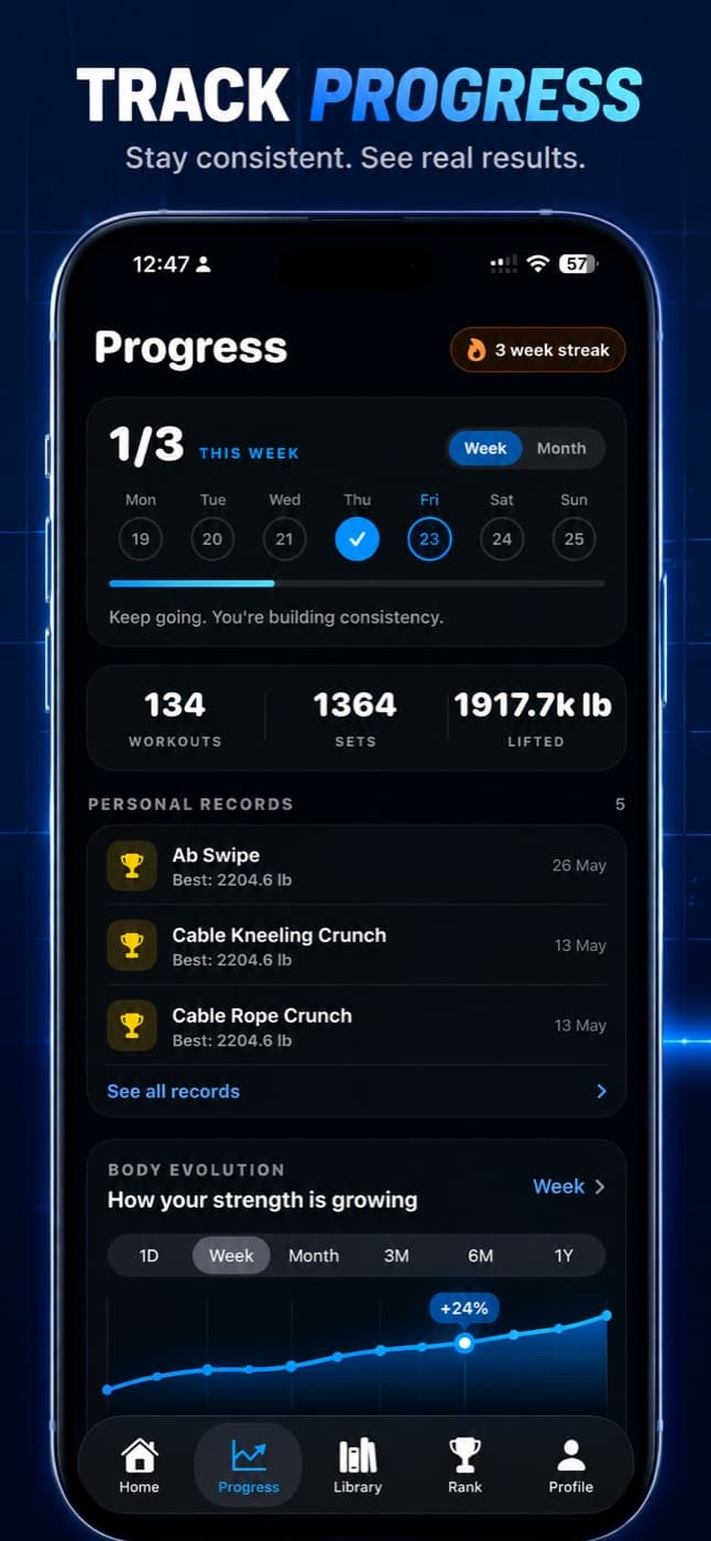 LiftON progress screen with weekly goal, personal records and strength chart