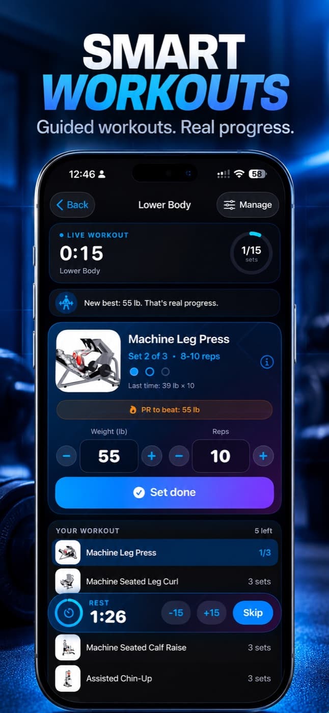 LiftON live workout screen with weight, reps and rest timer