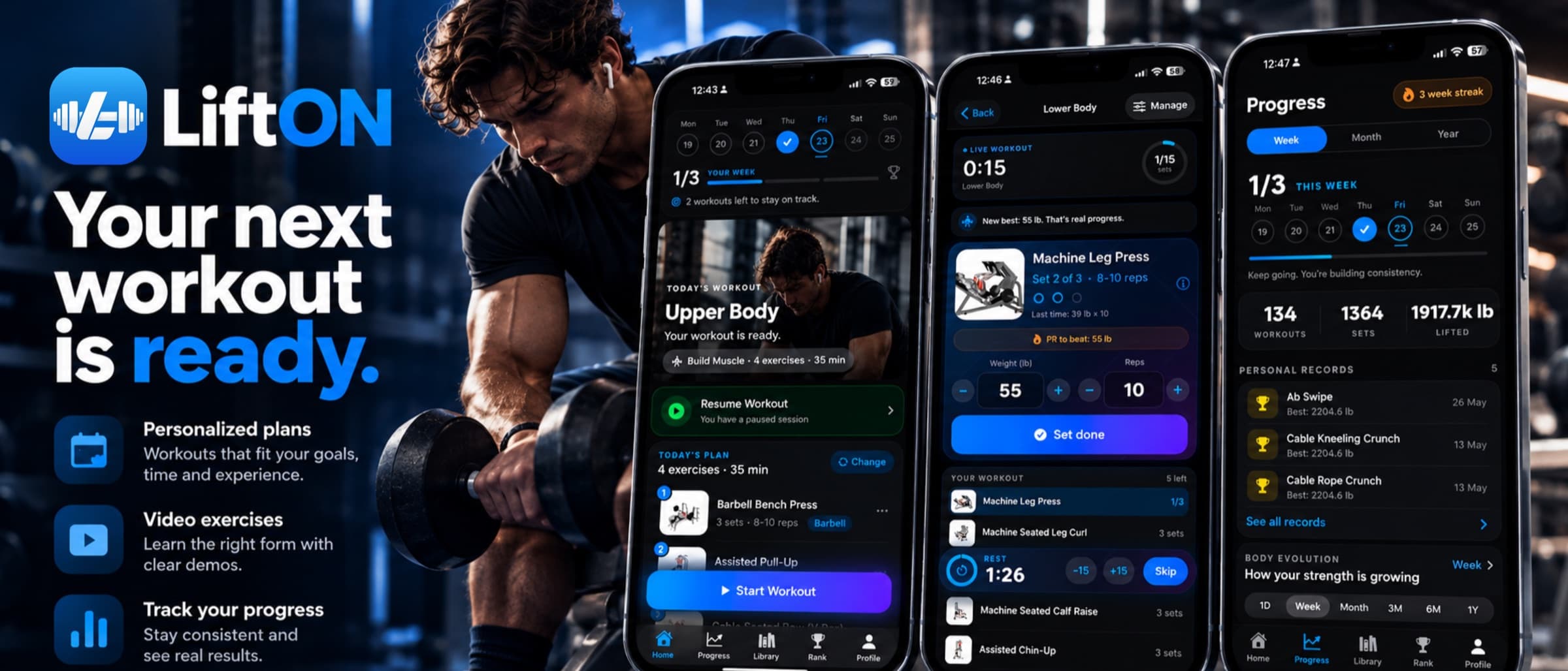 LiftON on iPhone: today's workout, live workout and progress